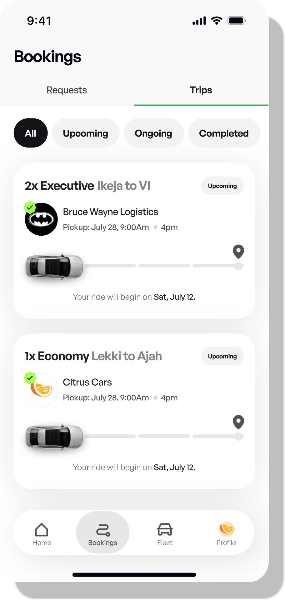 Bookings screen listing upcoming trips