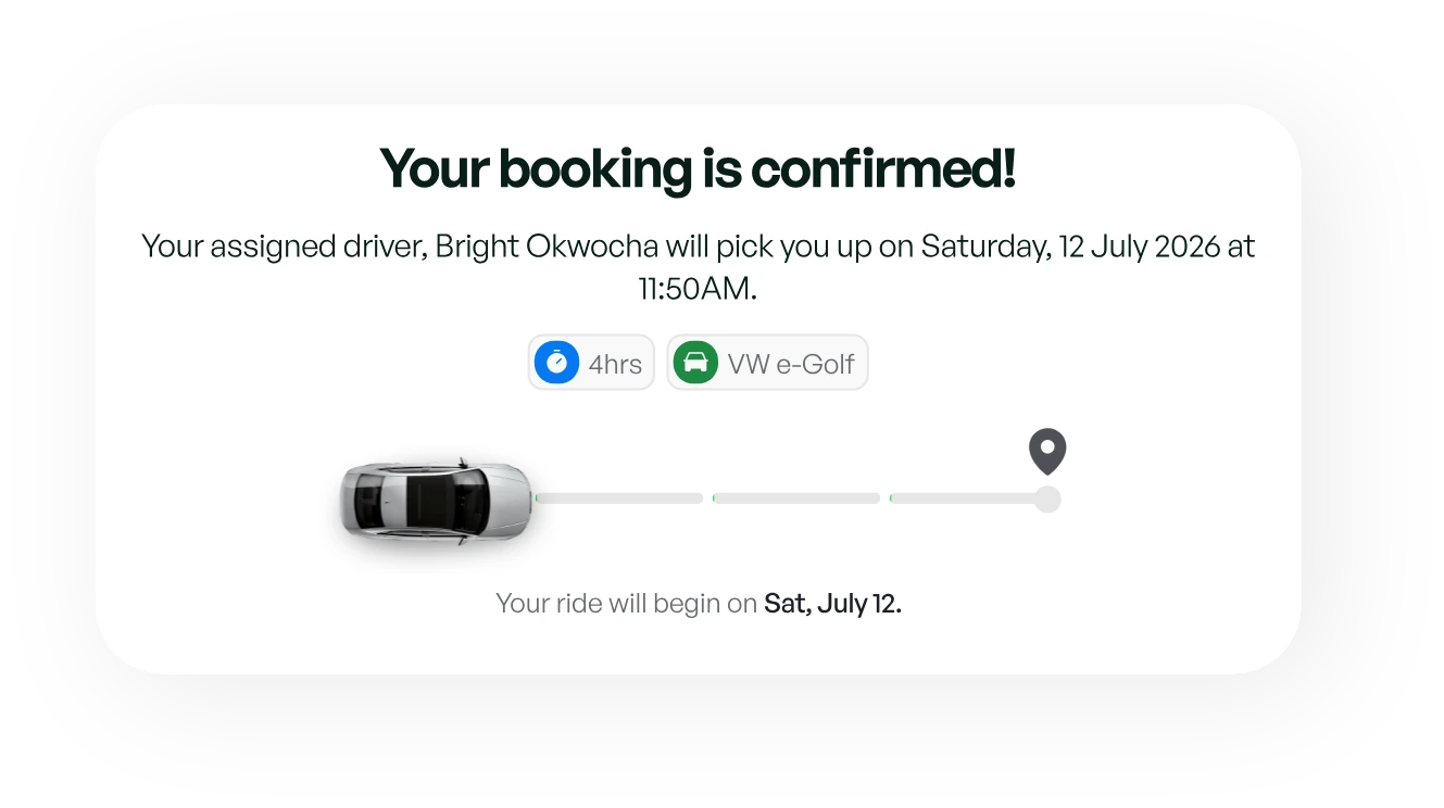 Booking confirmed card with the assigned driver and pickup time