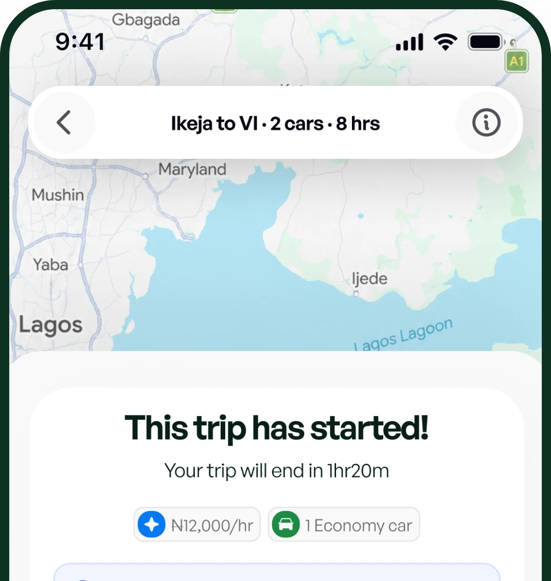 LeasHub app: a trip in progress on the map
