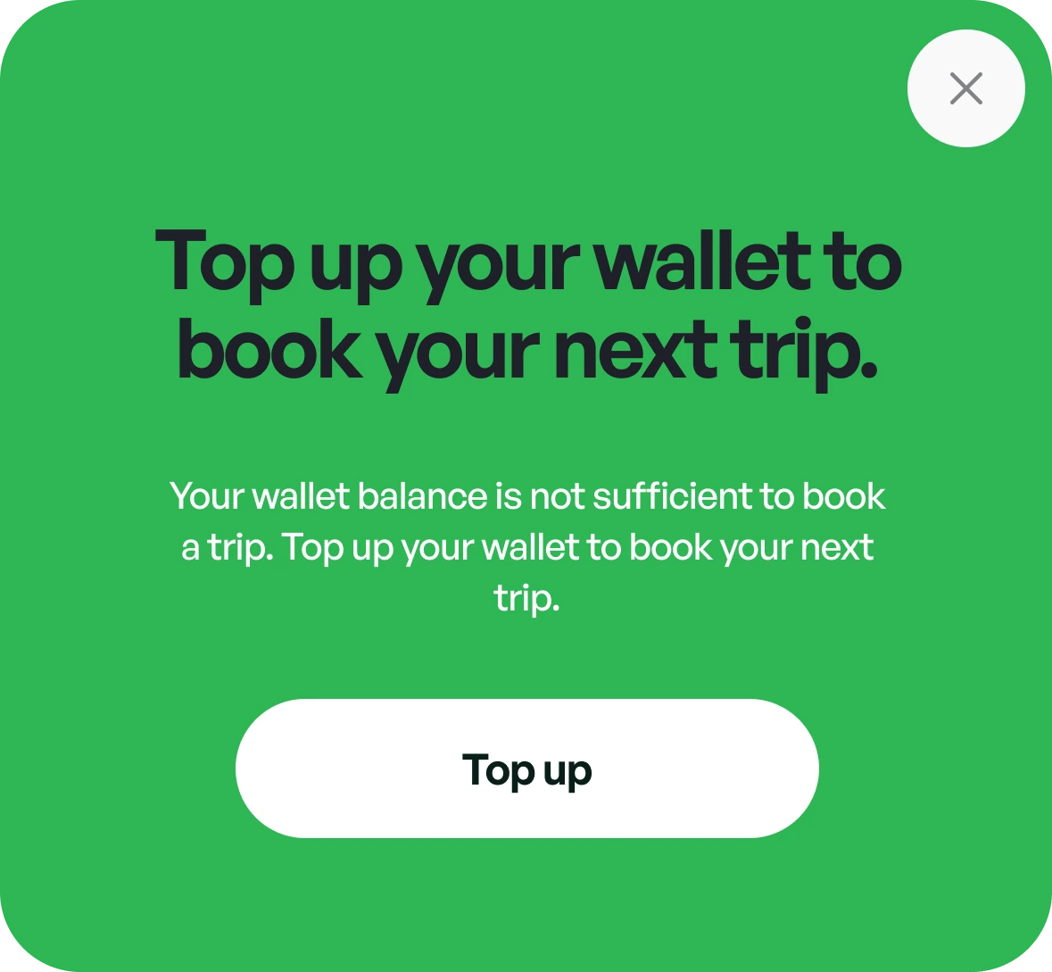 Wallet prompt asking the partner to top up before booking their next trip